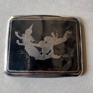 Sterling Silver Siam Niello Mermaid Warrior Cigarette Case 115 Grams Antique